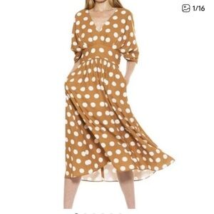 Alexia Admor Brown and White Polka Dot Midi Draped Fit and Flare Dress Sz 10